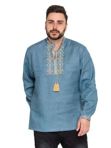 Вишиванка чоловіча Герб блакитна льон молочно-жовта вишивка р. 4XL 000055772 фото