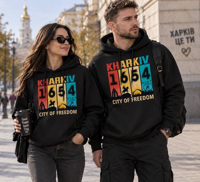 Худі Онікс двунитка чорний з принтом "Kharkiv 1654 city of freedom" (DTF) р. М 000061010 фото