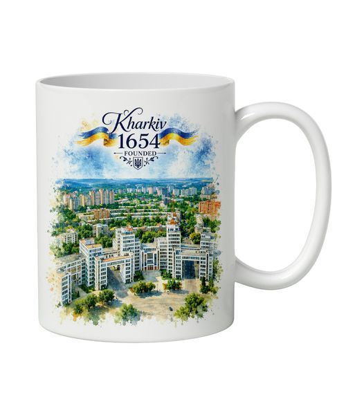 Чашка ТМ 4Profi біла сублімація двостороннє зображення "Kharkiv1654" "Держпром" 330 мл 000057804 фото