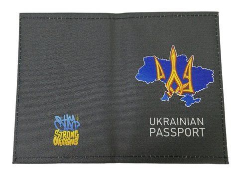 Обложка на документ №3 паспорт оксфорд черный принт Тризуб желтый на синей карте 000018689 фото