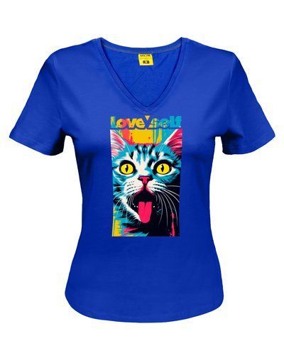Футболка жіноча класика кулір волошка з V-подібною горловиною з принтом Color Cat р. M 000032493 фото