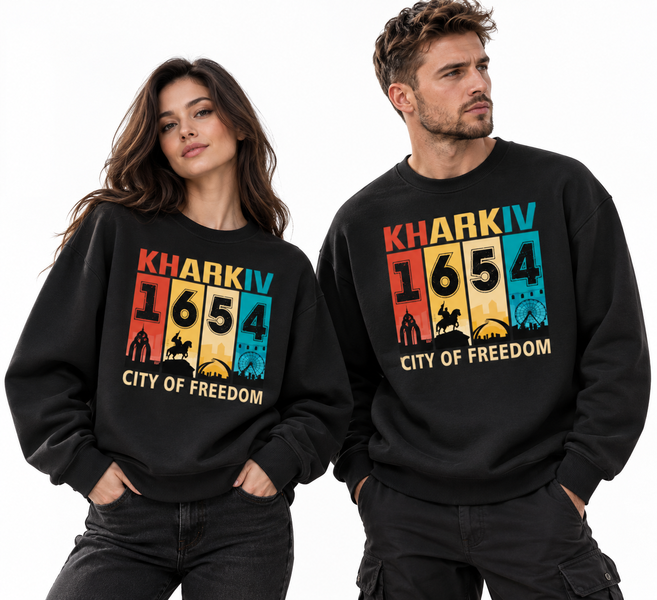 Свитшот Лео двунить черный с принтом "Kharkiv 1654 city of freedom" (DTF) р. М 000060996 фото