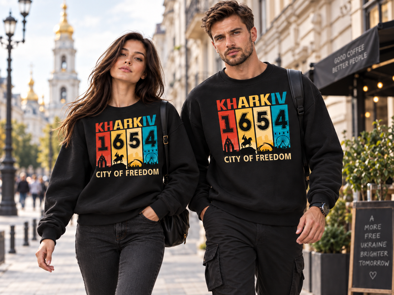 Свитшот Лео двунить черный с принтом "Kharkiv 1654 city of freedom" (DTF) р. М 000060996 фото
