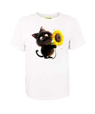 Футболка унісекс біла з коротким рукавом з принтом Sun Flower Cat (Кулир) р. S 000032776 фото