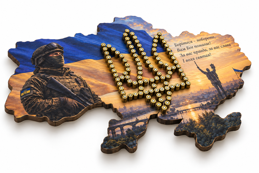 Сувенірна дерев'яна карта України з патронами (Батьківщина мати)ясень 57*39 см 000061086 фото