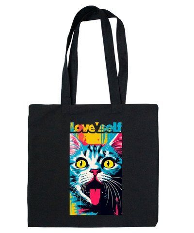 Екосумка з габардину чорна з принтом Love Self Cat (DTF) 38х36 000051052 фото