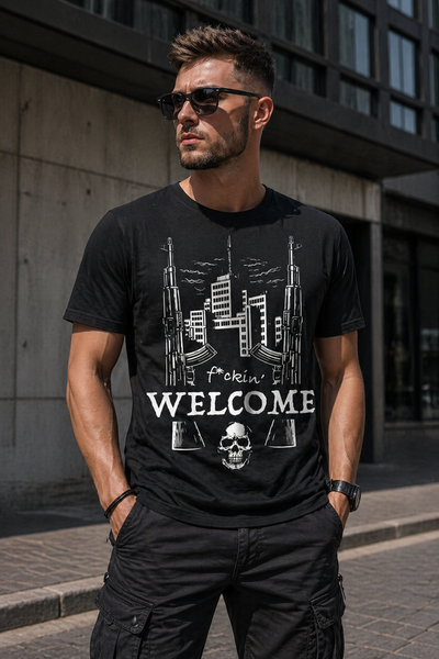 Футболка чорна з коротким рукавом з принтом "Welcome fuckin" (кулір) шовкографія (2-х стороня) р. 2XL 000055998 фото