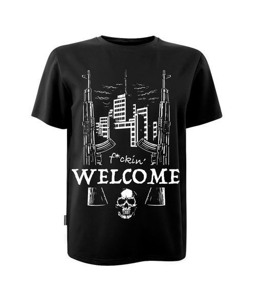 Футболка чорна з коротким рукавом з принтом "Welcome fuckin" (кулір) шовкографія (2-х стороня) р. 2XL 000055998 фото