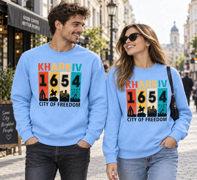 Світшот унісекс з карманами 726 тринитка з принтом "Kharkiv 1654 city of freedom" блакитний р. М 000060607 фото