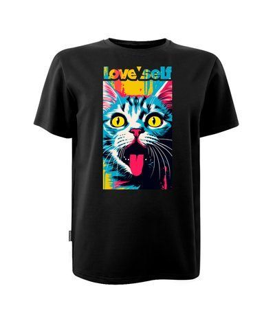 Футболка унісекс чорна з коротким рукавом з принтом Color Cat Love Self (Кулир) р. XL 000032420 фото