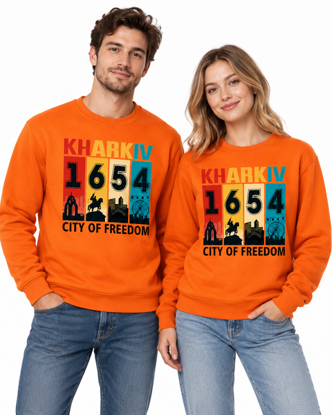 Світшот унісекс з карманами 726 тринитка з принтом "Kharkiv 1654 city of freedom" оранж. р. М 000060610 фото