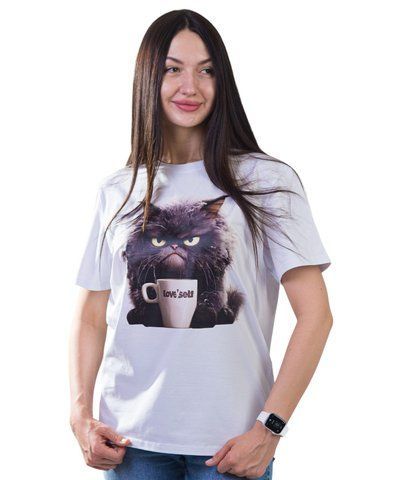 Футболка унисекс белая с коротким рукавом с принтом Кофе Кот Love Self (Кулир) р. XS 000046290 фото