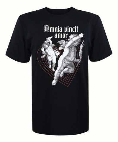 Футболка унісекс чорна з коротким рукавом з принтом Omnia vincit amor #1 (Кулир) р. XL 000030173 фото