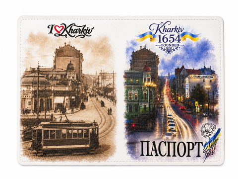 Обложка на паспорт "KHARKIV 1654 FOUNDED" Полтавский шлях экокожа (белая) принт 000057715 фото