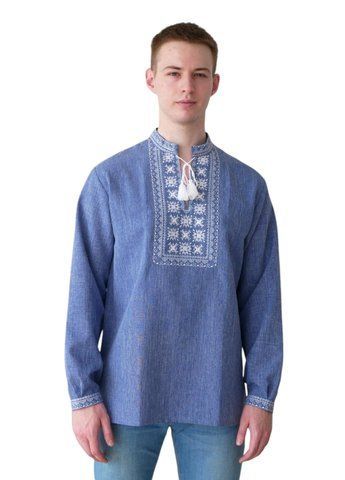 Вышиванка мужская лен-габардин джинсовый Орнамент (020028) раз. 3XL 000026904 фото