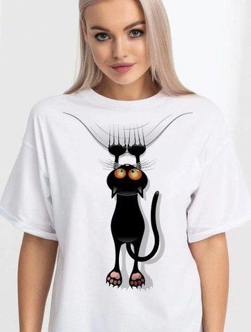 Футболка унісекс біла з коротким рукавом з принтом "hanging cat" (кулір) (DTG) S 000033351 фото