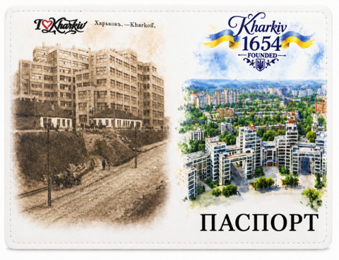 Обложка на паспорт "KHARKIV 1654 FOUNDED" Госпром экокожа (белая) принт 000057718 фото
