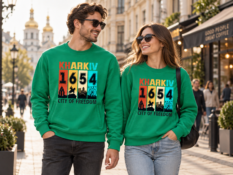 Свитшот унисекс с карманами 726 тринитка с принтом "Kharkiv 1654city of freedom" зеленый р. М 000060584 фото