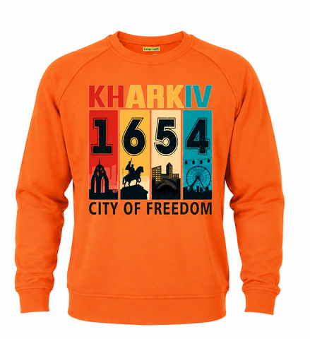 Світшот унісекс реглан 726 тринитка з принтом "Kharkiv 1654 city of freedom" оранж р. M 000060232 фото