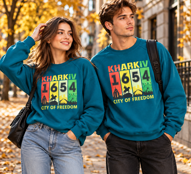 Світшот унісекс реглан 726 тринитка з принтом "Kharkiv 1654 city of freedom" петроль р. М 000061588 фото